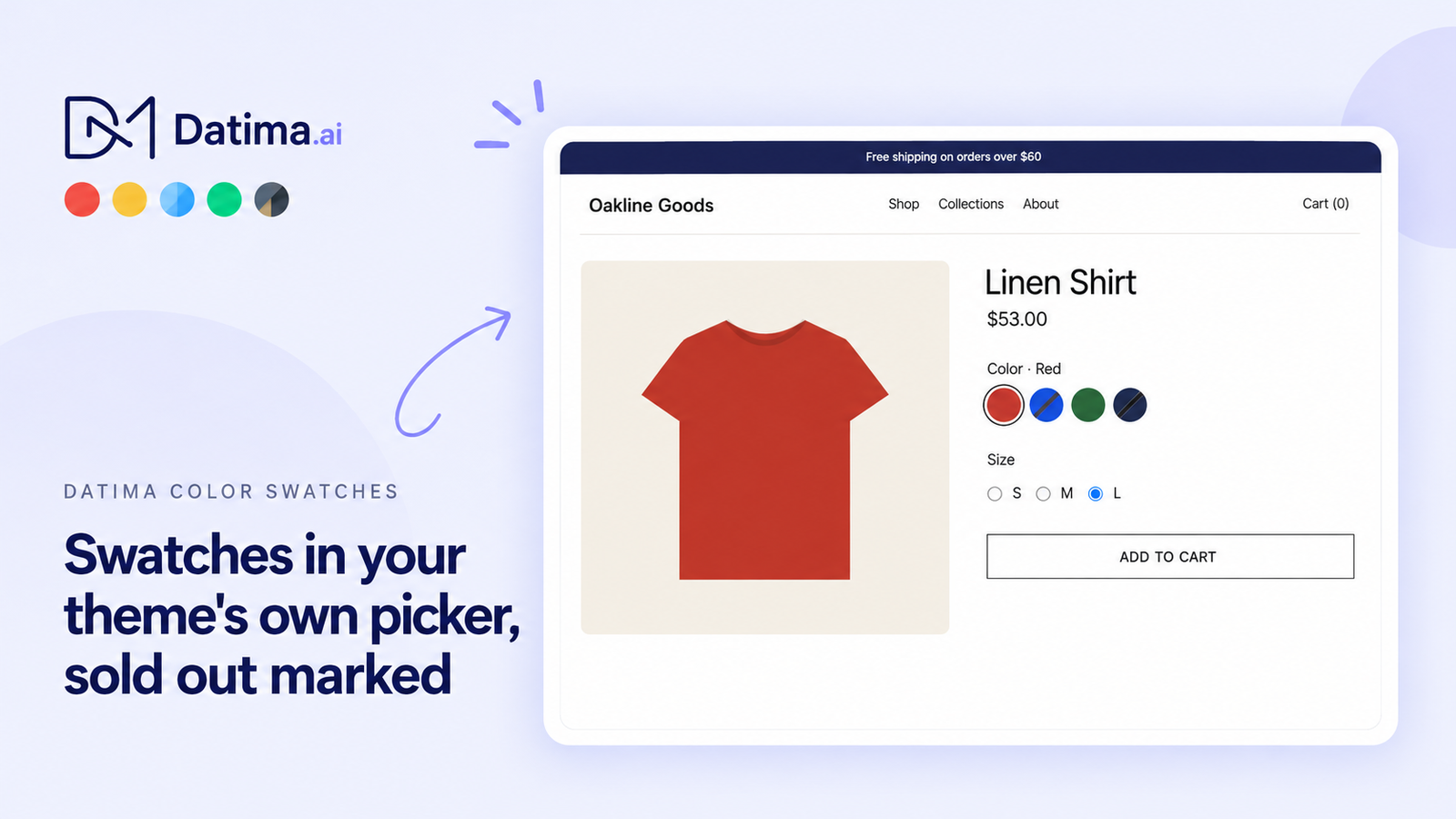 Color swatches on a product page: red, blue, green and a two-colour value, with Size below